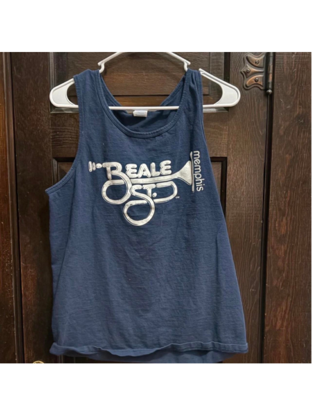 (188) Navy blue Memphis Beale Street cotton tank top with white graphic of a tru